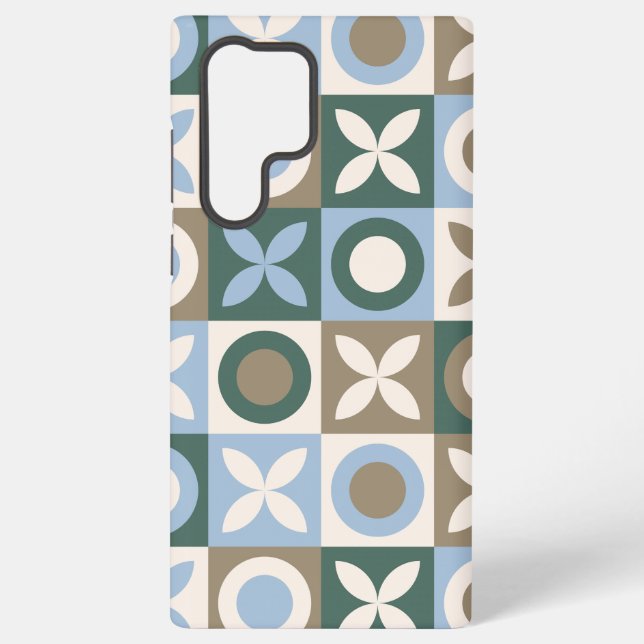 Blue and Brown Geometric Tile Mosaic Pattern Samsung Galaxy S22 Ultra Case (Back)