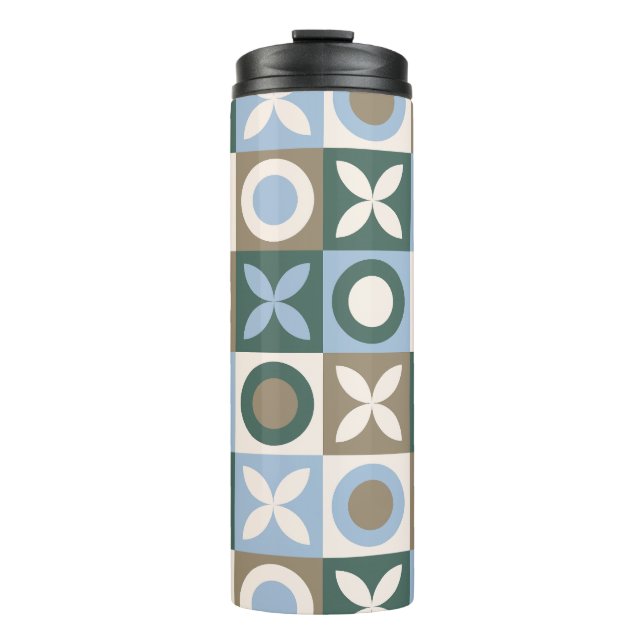 Blue and Brown Geometric Tile Mosaic Pattern Thermal Tumbler (Front)