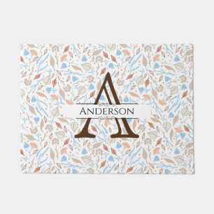 Blue and Brown Leaves   Monogram Fall Door Mat
