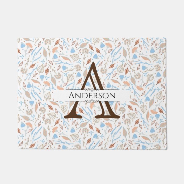 Blue and Brown Leaves | Monogram Fall Door Mat (Front)