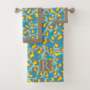 Blue and brown leopard print and monogram bath towel set