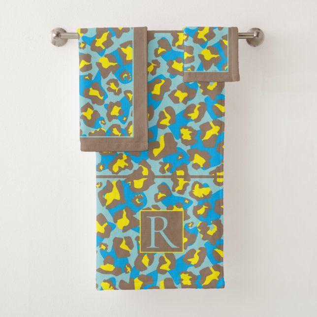 Blue and brown leopard print and monogram bath towel set (Insitu)