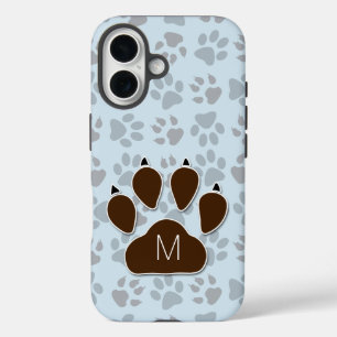 Blue and Brown Paw Prints with Monogram iPhone 16 Case
