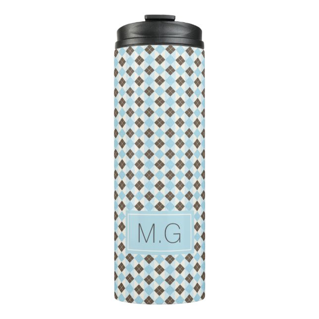 Blue and Brown Personalised Argyle Pattern Thermal Tumbler (Front)