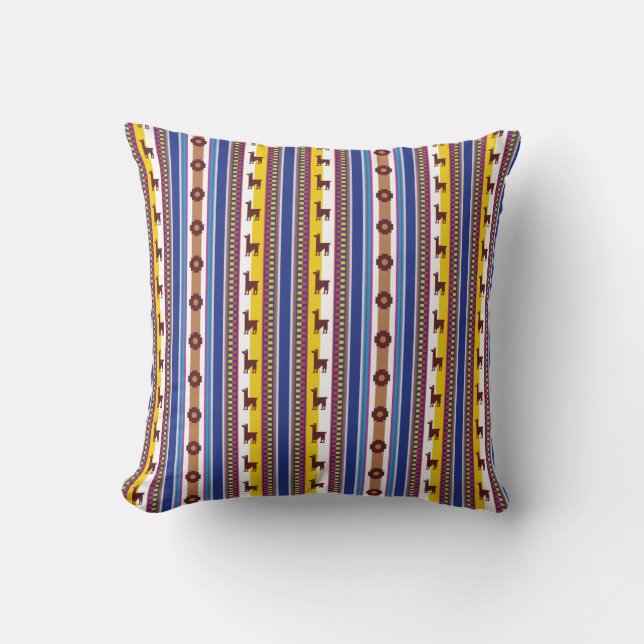 Blue and brown peruvian Llama Pattern Cushion (Front)
