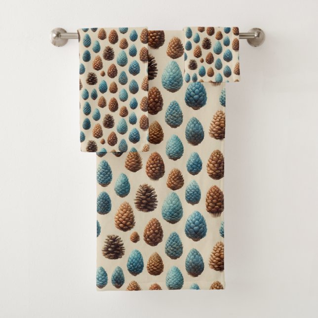 Blue and Brown Pinecone Winter Pattern Bath Towel Set (Insitu)