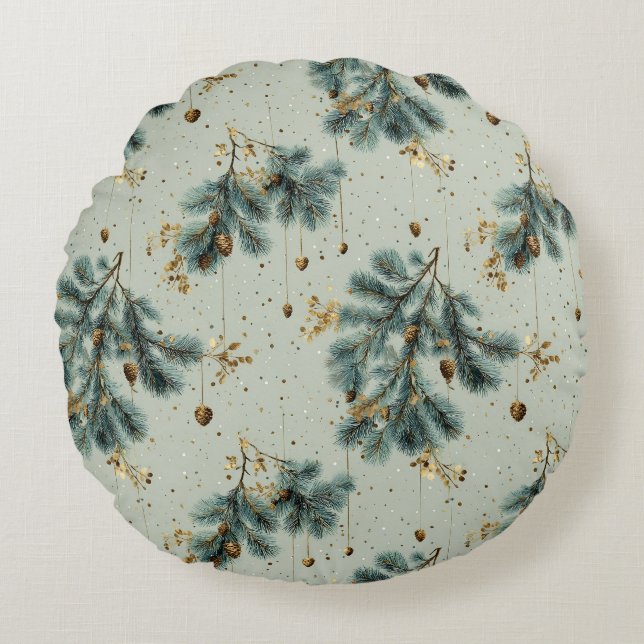 Blue and Brown Pinecone Winter Pattern Round Cushion (Front)