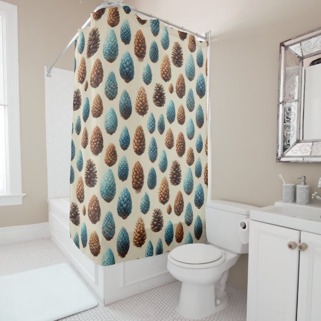 Blue and Brown Pinecone Winter Pattern Shower Curtain (In Situ)