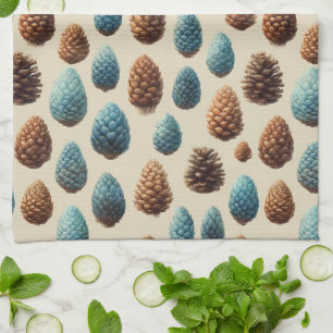 Blue and Brown Pinecone Winter Pattern Tea Towel