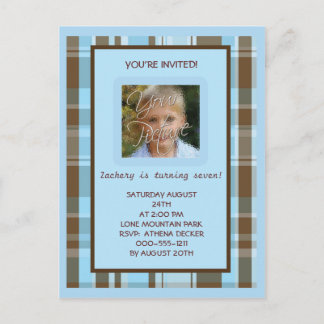 Blue and Brown Plaid BIrthday Invitation