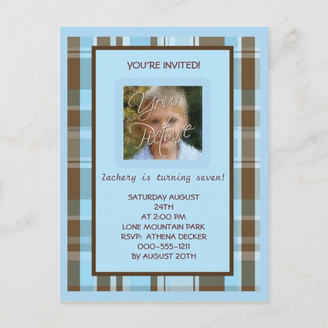 Blue and Brown Plaid BIrthday Invitation (Front)