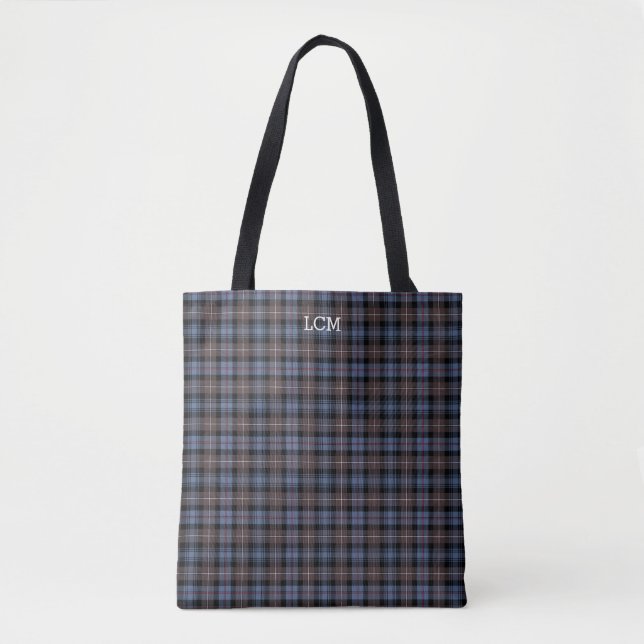 Blue and Brown Plaid Mackenzie Tartan Monogram Tote Bag (Front)