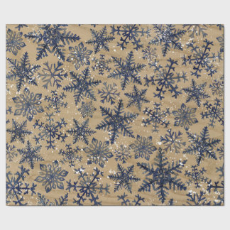 Blue and Brown Rustic Watercolor Snowflake Pattern Wrapping Paper