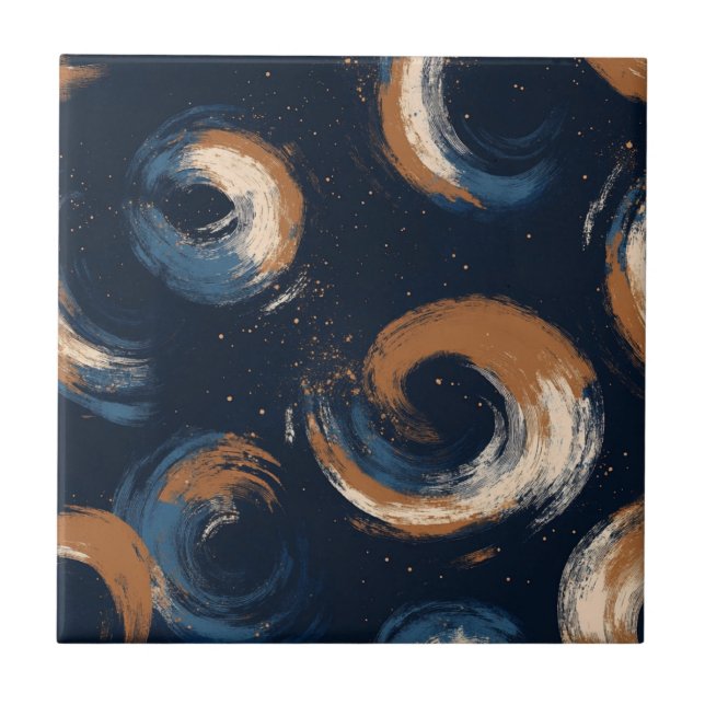 Blue and Brown Swirl Circle on Dark Background Ceramic Tile (Front)