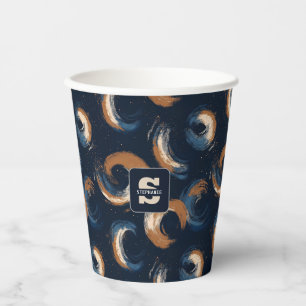 Blue and Brown Swirl Circle on Dark Background Paper Cups