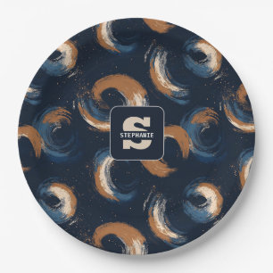Blue and Brown Swirl Circle on Dark Background Paper Plate
