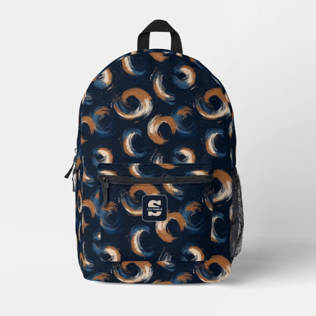 Blue and Brown Swirl Circle on Dark Background Printed Backpack (Front)