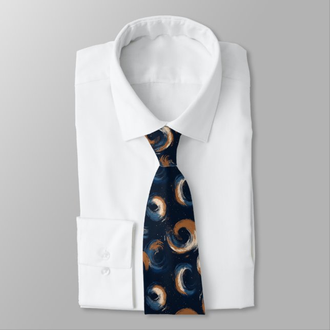 Blue and Brown Swirl Circle on Dark Background Tie (Tied)