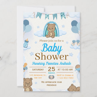 blue and brown watercolor illustration baby shower invitation