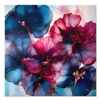 Blue and Burgundy Abstract Flowers Photo Print