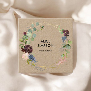 Blue and Burgundy Floral Geometric Kraft Square Business Card