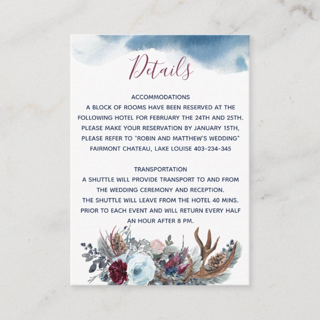 Blue and Burgundy Floral Wedding Details Reception Enclosure Card (Front)
