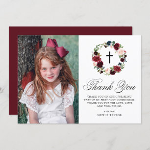 Blue and Burgundy Floral Wreath First Communio Thank You Card