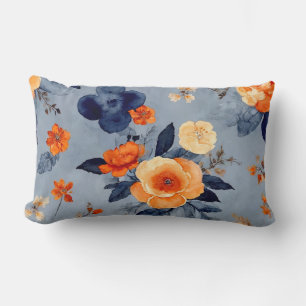 Blue and Burnt Orange Farmhouse floral Lumbar Cushion