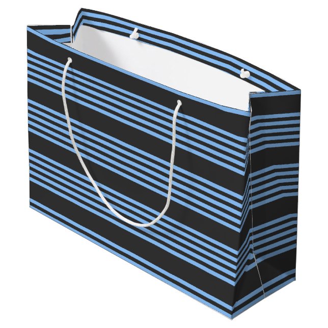 Blue and charcoal five stripe pattern large gift bag (Back Angled)