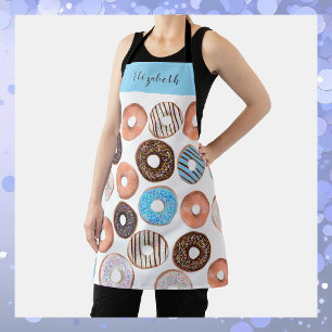 Blue and Chocolate Brown Doughnut Custom Name Bake Apron