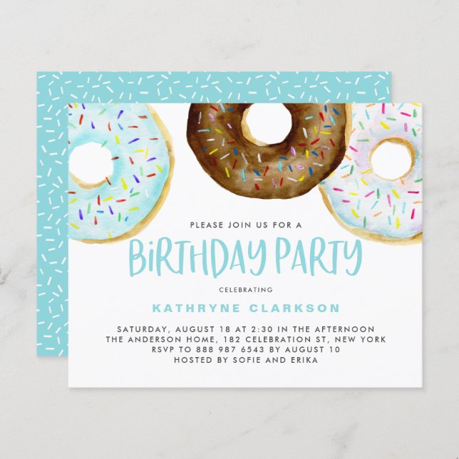 Blue and Chocolate Doughnuts Birthday Invitation (Front/Back)