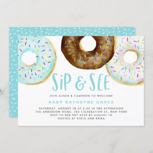 Blue and Chocolate Doughnuts Sprinkles Sip and See Invitation