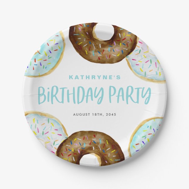 Blue and Chocolate Sprinkle Doughnuts Birthday Par Paper Plate (Front)