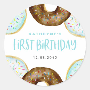 Blue and Chocolate Sprinkle Doughnuts First Birthd Classic Round Sticker