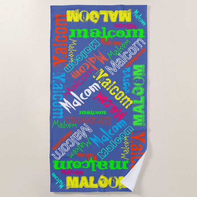 Blue and Colourful Repeating Name Collage Beach Towel (Front)