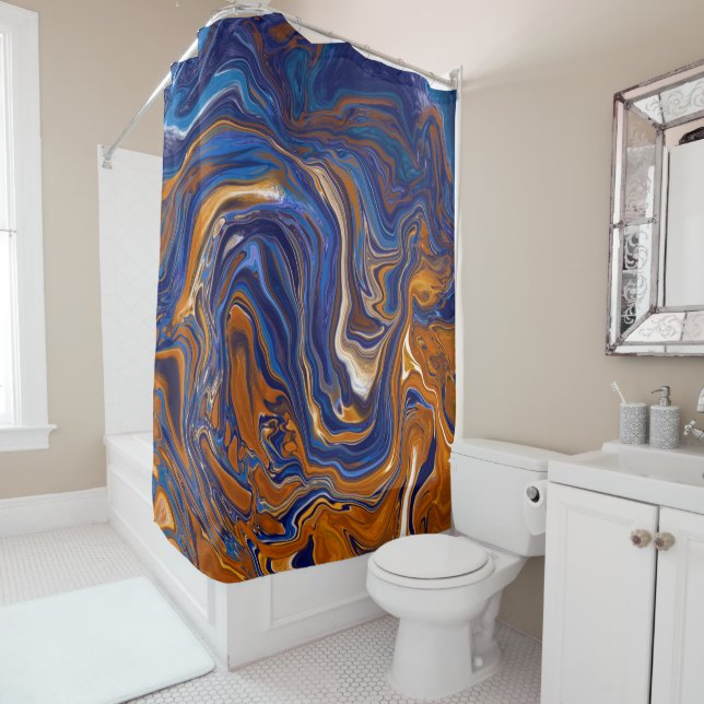 Blue and Copper Abstract Modern Art  Shower Curtain (In Situ)