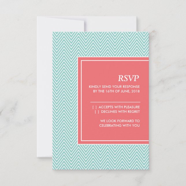 Blue and Coral Chevron RSVP Card (Front)