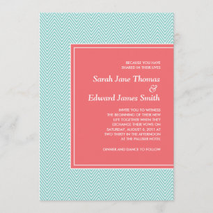 Blue and Coral Chevron Wedding Invitation