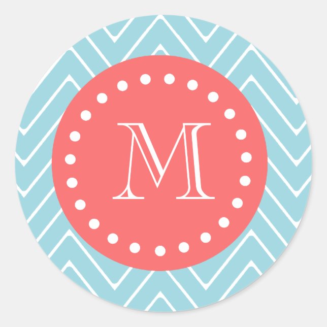 Blue and Coral Chevron with Custom Monogram Classic Round Sticker (Front)