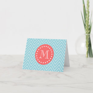 Blue and Coral Chevron with Custom Monogram Note Card