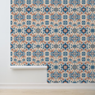 Blue and Coral Floral Medley Wallpaper