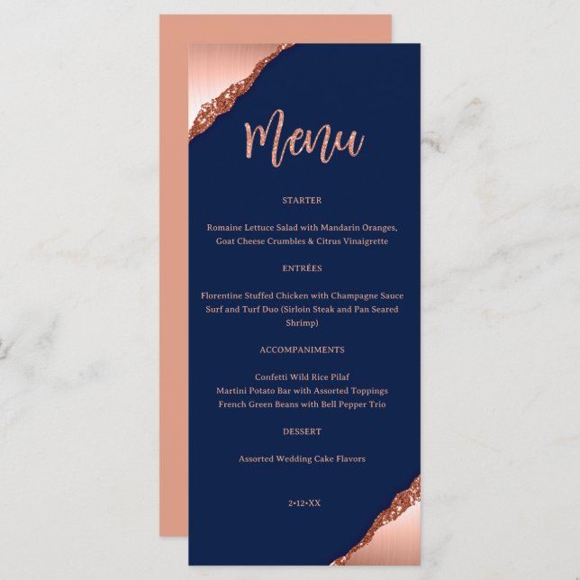 Blue and Coral Glitter Wedding Menu (Front/Back)