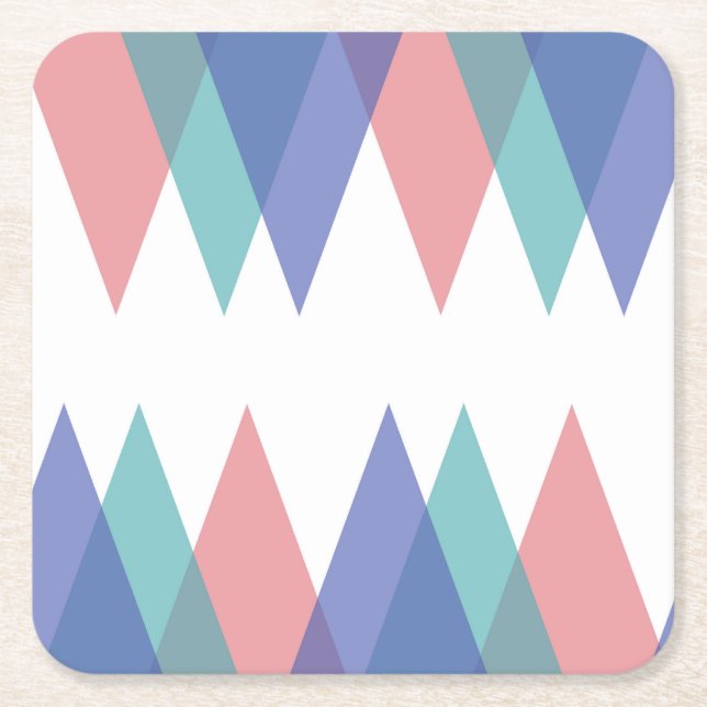 Blue and coral triangles square paper coaster (Front)