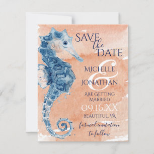 Blue and Coral Watercolor Seahorse Beach Wedding Save The Date