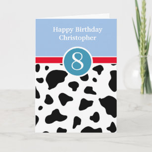 Blue and Cow Print 8th Birthday Card