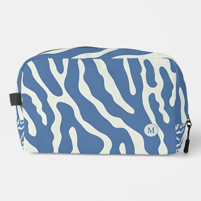 Blue and cream Abstract Wavy Lines make up bag (Front)