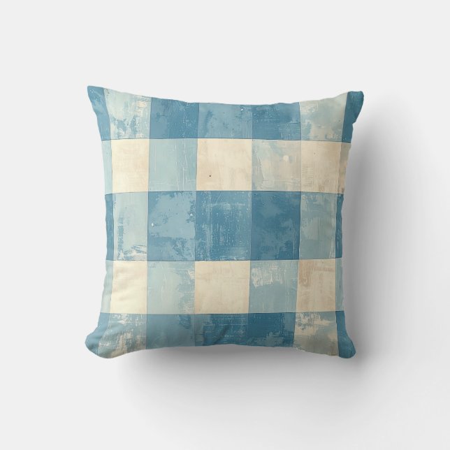 Blue and cream checkered pattern cushion (Front)