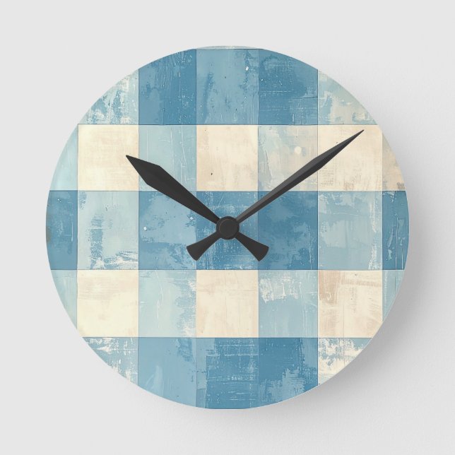 Blue and cream checkered pattern round clock (Front)