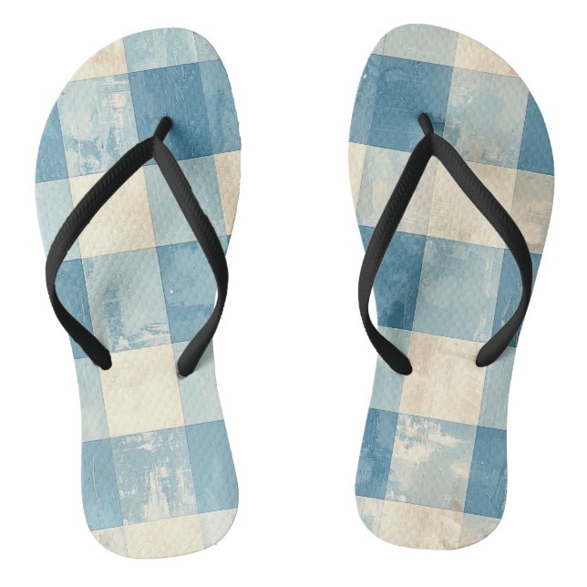 Blue and cream checkered pattern thongs (Footbed)