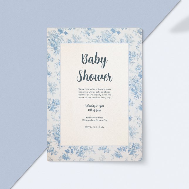 Blue and Cream Classic Toile Baby Shower Invitation (Creator Uploaded)